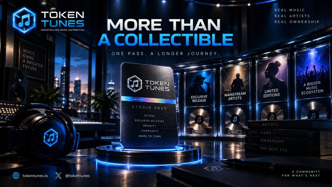 A promotional graphic for 'TOKEN TUNES' with the tagline 'MORE THAN A COLLECTIBLE' and 'ONE PASS. A LONGER JOURNEY,' featuring a black studio pass card and framed artist images in a dark, futuristic setting.