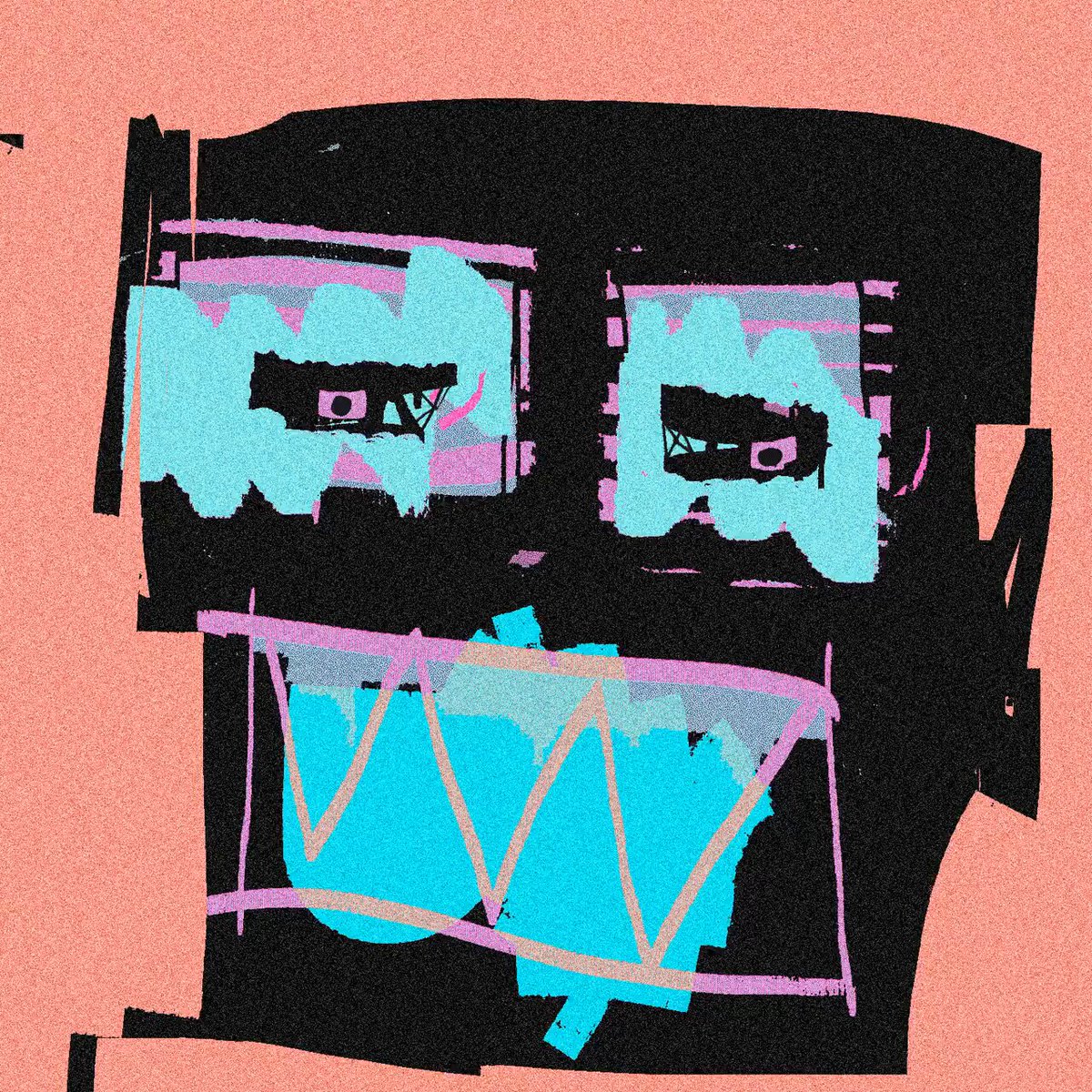 The image features an abstract drawing of a face with only two eyes, set against a pink background. The drawing includes a "sell" caption below the image, written in a smaller font than the rest of the text. The original artist's name is "@XCOPYART", and the artist stated they are selling the artwork for 48,800.