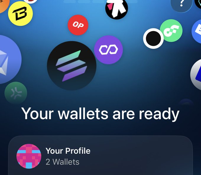 The image shows a screenshot from the OpenSea mobile app displaying the message "Your wallets are ready" with a profile showing "2 Wallets," surrounded by various crypto and NFT icons including Solana, Polygon, and Optimism (OP). This relates to the post's praise for OpenSea's new mobile app, highlighting its successful launch and multi-chain wallet functionality as a significant development improvement.