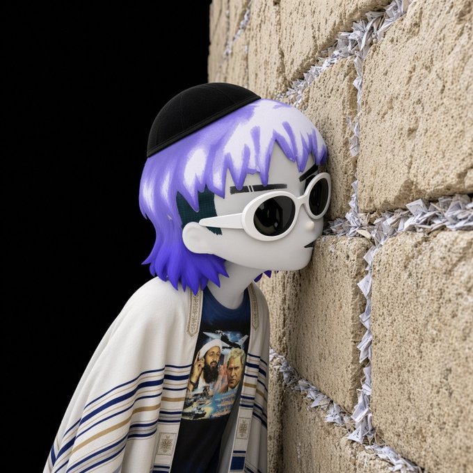 A 3D-rendered figure with purple hair, sunglasses, and a kippah, wearing a t-shirt with graphic prints under a tallit, leans against a sandbag wall.