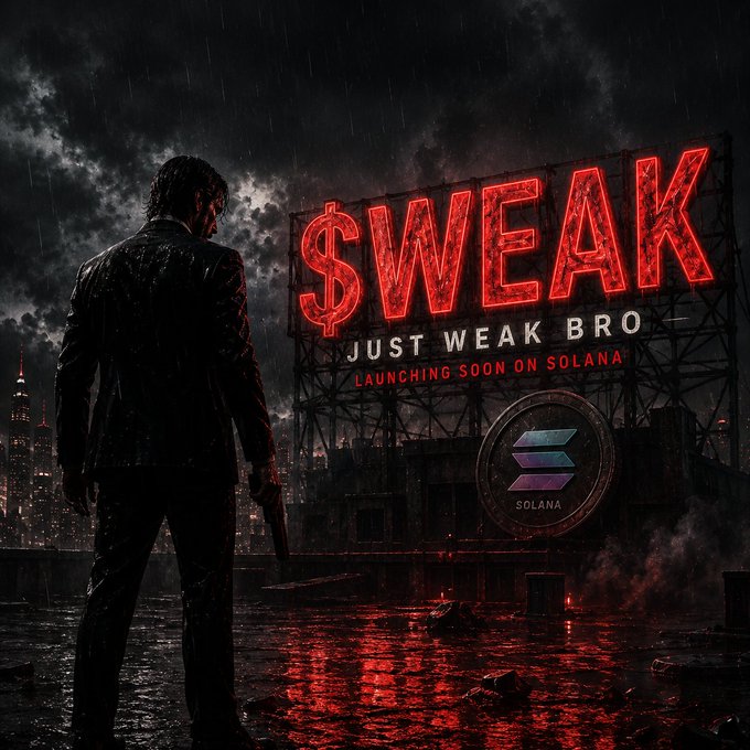 The image features a man dressed in a suit standing in front of a neon sign that says "Just Weak Bro" with a $ symbol above it, which could be interpreted as a reference to Bitcoin or cryptocurrency. The background shows a cityscape at night, adding an urban atmosphere to the scene. The post seems to be promoting a new cryptocurrency called Solana and is likely targeting a community of early adopters who are interested in exploring new digital assets.