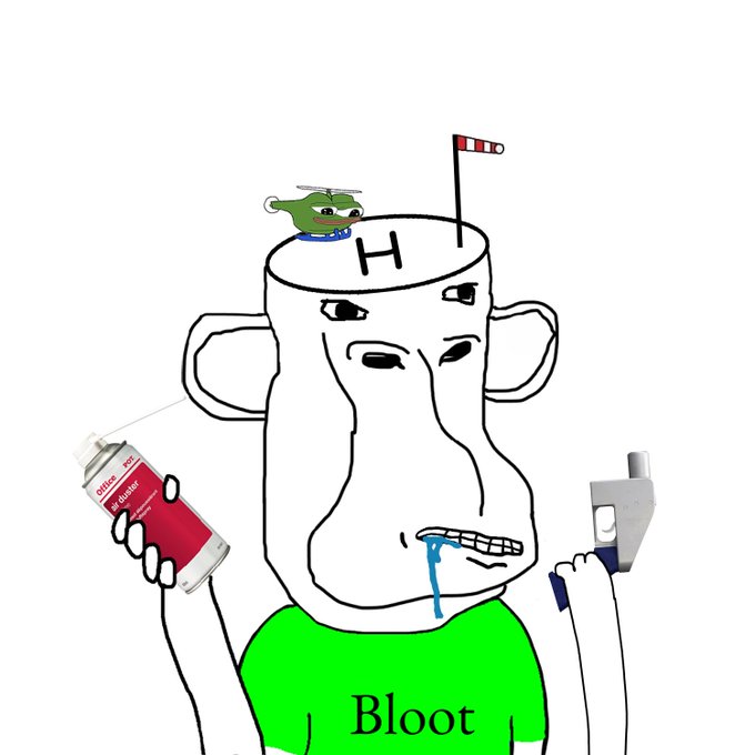 A crudely drawn "Blooт" character holds an Office Depot "Staples" spray can in one hand and an inhaler in the other, while drooling with a small green Pepe figure perched on its head next to an "H" helipad. The post's "jealooouuss???" caption fits the crude wojak-style meme poking fun at the character's messy, jealous-looking state.