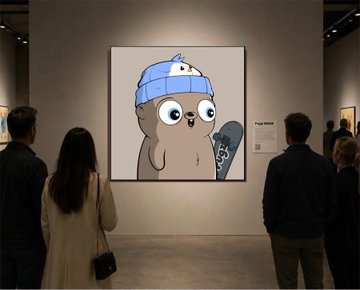 A gallery scene with visitors viewing a large framed cartoon artwork of a wide-eyed owl-like creature wearing a blue knit beanie, with a label reading "Pepe Ukiyo" beside it.