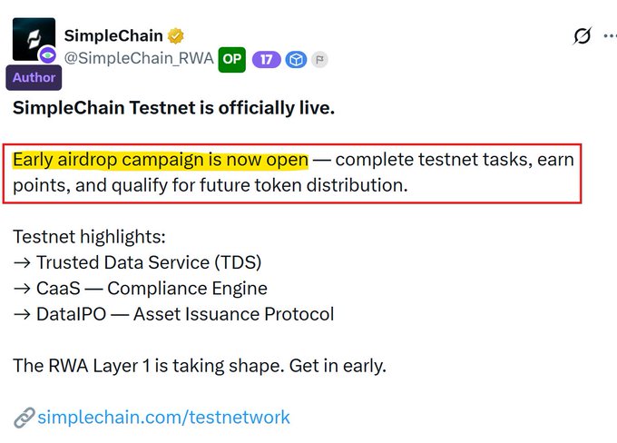 The image shows a tweet from SimpleChain (@SimpleChain_RWA) announcing that their testnet is officially live, with a highlighted section emphasizing an "Early airdrop campaign is now open" where users can complete testnet tasks, earn points, and qualify for future token distribution. The post outlines testnet features including Trusted Data Service (TDS), CaaS Compliance Engine, and DataIPO Asset Issuance Protocol, linking to simplechain.com/testnetwork for the RWA Layer 1 opportunity.