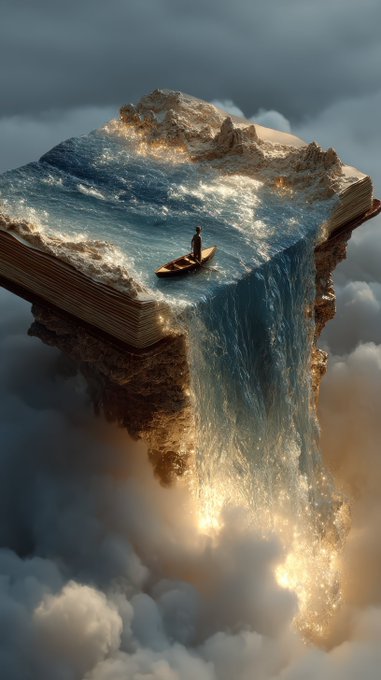 Surreal fantasy image of an open book with ocean waves and a small rowboat on its pages, with water cascading off the edge into glowing clouds below.