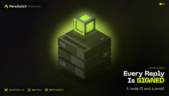 The image shows an illustration of a green cube with a yellow square at its top, surrounded by black text. The caption below the image reads "Every reply is signed", indicating that every response to this question has been digitally signed by the creator or owner of the answer. The image also includes a link to a website called "ai.parallelix.io" and a reference to a Proof-of-Execution, suggesting that the answer was generated using a distributed computing system like Parallel Computing.