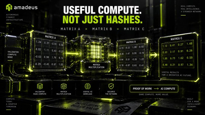 An Amadeus promotional graphic titled 'USEFUL COMPUTE. NOT JUST HASHES.' demonstrates matrix multiplication (MATRIX A × MATRIX B = MATRIX C) across glowing green server modules, highlighting AI compute and validator nodes.