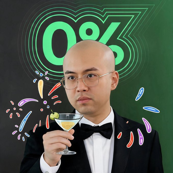 The image features a bald man wearing glasses, a black suit jacket, and a bow tie holding a martini glass with an olive garnish. The background of the image has green lines and shapes that appear to be floating or jumping out at various points in the frame. There is also text on the image that reads "You know I can do anything for trust wallet." This could possibly be a reference to the post about the man's ability to do anything for his wallet, as he appears to be holding a martini glass with an olive garnish.