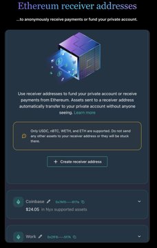 A dark crypto interface titled “Ethereum receiver addresses” explains how to fund a private account, with a “Create receiver address” button and asset rows including “Coinbase,” “Wormhole,” and “Work.”