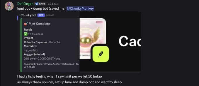 Twitter post from DefiDegen showing a mint complete notification for Robacha Capsules NFT project, thanking @ChunkyMonkey for setting up a lumi bot and dump bot.