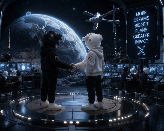 A 3D-rendered image of two bear-like figures (one in black, one in white hoodie) shaking hands on a circular platform in a futuristic space station overlooking Earth, with a digital sign reading "MORE DREAMS BIGGER PLANS GREATER IMPACT X" and an X logo.
