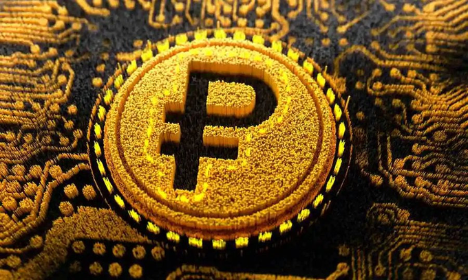 A close-up 3D rendering of a golden Physical Bitcoin (PB) coin resting on an intricate gold circuit board pattern.