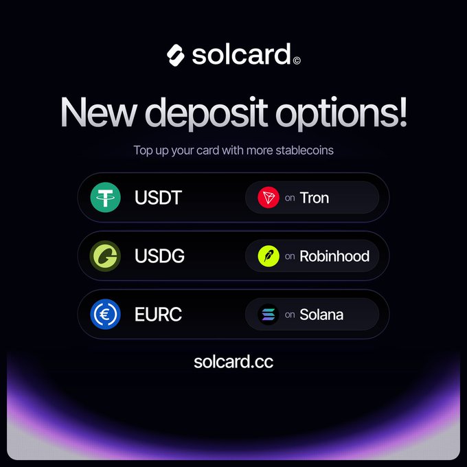 A promotional graphic for Solcard announcing new deposit options, showing stablecoins USDT on Tron, USDG on Robinhood, and EURC on Solana, with the website solcard.cc displayed.
