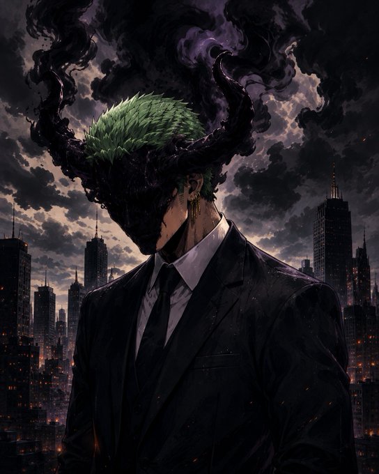 An anime-style illustration depicts a man in a dark suit with shadowy, horn-like smoke tendrils rising from his head against a gloomy cityscape.