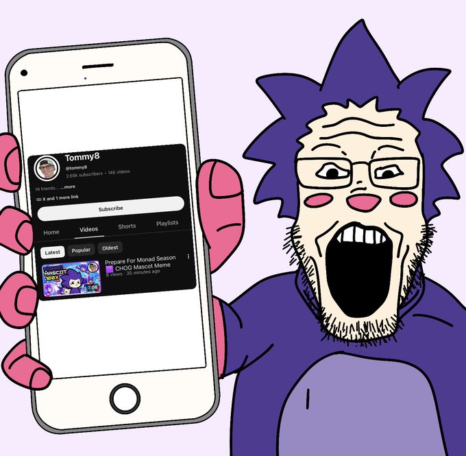 The image features a cartoon character holding up a smartphone displaying a social media profile page with a message about the popularity of a particular account or video. The caption reads "wow, chog is going mainstream," which suggests that the character's opinion on the account or video has gained significant attention and recognition from others.

The character appears to be a cartoon person wearing a purple outfit, holding up the phone in front of them with their mouth open wide as if they are expressing surprise or excitement about the account's popularity. The overall scene conveys a sense of enthusiasm and interest towards the content being shared on social media platforms.