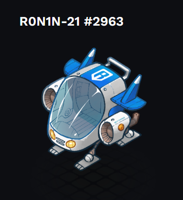 Digital illustration of a blue and white robotic vehicle or drone labeled 'RON1N-21 #2963'.