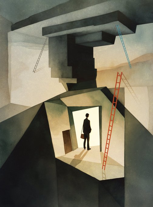 A surreal painting shows a silhouetted figure with a briefcase standing in a brightly lit doorway, framed by massive dark geometric structures with red and blue ladders extending upward.