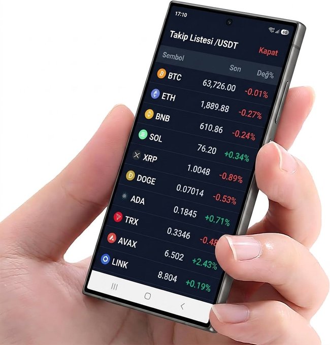 A hand holds a smartphone displaying a cryptocurrency tracking list in Turkish ("Takip Listesi/USDT") showing major coins like BTC ($63,726.00), ETH ($1,889.88), BNB, SOL, XRP, DOGE, ADA, TRX, AVAX, and LINK with their percentage changes, illustrating the mobile app interface for the TrendLineSotaKripto crypto trading tool launching on Google Play.