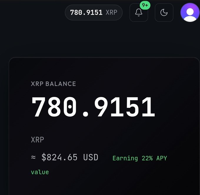 A screenshot of the Xora Finance dashboard displays an XRP balance of 780.9151 (approximately $824.65 USD) alongside a green "Earning 22% APY" indicator, visually reinforcing the platform's promise of high-yield returns for XRP holders.
