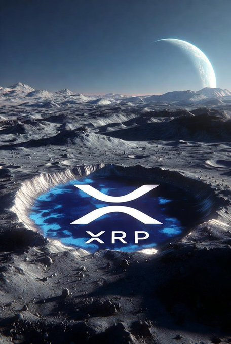 The image features an XRP logo floating amidst a scene from outer space, surrounded by mountains under the moonlight. The XRP logo is centrally located within the frame.
