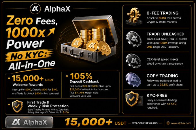 A promotional banner for 'AlphaX' exchange advertising 'Zero Fees, 1000x Power, No KYC, All-in-One' with a 105% deposit cashback, $15,000+ USDT welcome rewards, and features like 'TradFi Unleashed', 'Copy Trading', and 'KYC-FREE'.
