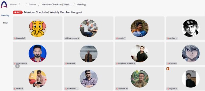 A screenshot of a video call interface titled 'Member Check-In | Weekly Member Hangout' displays a grid of 12 participant avatars, including profile pictures and anime characters, with names like Sanjeeb D, Panchanan V, and Justin T.