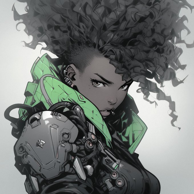 A stylized digital artwork of a character with dark skin and a large curly afro hairstyle, wearing futuristic green and gray mechanical armor with cybernetic elements.
