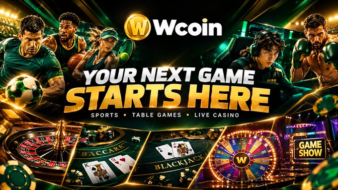 A promotional banner for 'Wcoin' online gaming platform featuring athletes and the tagline 'YOUR NEXT GAME STARTS HERE' with categories 'SPORTS, TABLE GAMES, LIVE CASINO'.