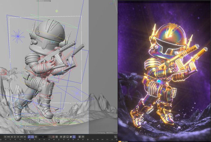Side-by-side comparison showing a 3D modeling viewport (left) with a wireframe and gray sculpt of an astronaut wielding dual guns, alongside the final rendered holographic-style artwork (right) featuring a glowing, iridescent version of the same "One Man Battalion" Holo Leader NFT against a purple cosmic background, capturing the "HKM" (Holographic Kinetic Model) production process before the mint closes.