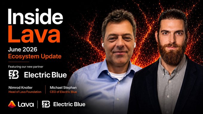 The image is a promotional graphic for "Inside Lava - June 2026 Ecosystem Update," featuring photos of Nimrod Knoller (Head of Lava Foundation) and Michael Stephan (CEO of Electric Blue) against a fiery lava-themed background, announcing Electric Blue as Lava's new partner—aligning with the post about their June ecosystem call and battery-storage tokenization collaboration in Germany.