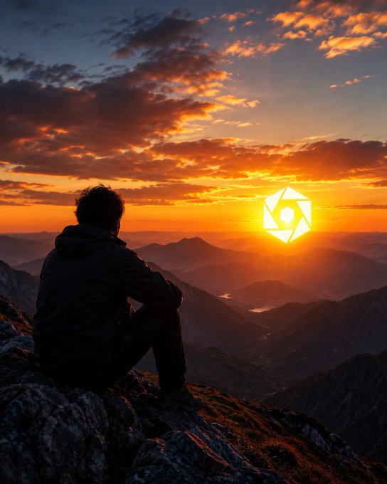 The image shows a man sitting on a rock at the top of a mountain during sunrise or sunset, looking out over the landscape below. The sun is setting behind him, casting an orange glow across the sky as he gazes into the distance. The scene conveys a sense of solitude and contemplation, with the man seemingly lost in thought while taking in the breathtaking view.