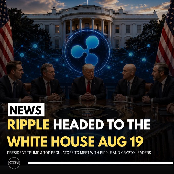 A news graphic from CDN showing five men in suits seated at a table with the White House in the background, featuring a glowing blue Ripple (XRP) logo and American flags. The headline reads "RIPPLE HEADED TO THE WHITE HOUSE AUG 19" with a subheading announcing a meeting between President Trump, top regulators, Ripple, and crypto leaders, visually reinforcing the upcoming White House gathering.