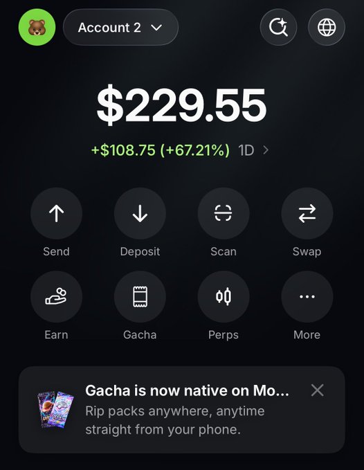 A crypto wallet app screen showing "Account 2" with a balance of **$229.55** (up +$108.75, +67.21% in 1D), featuring options like Send, Deposit, Scan, Swap, Earn, Gacha, Perps, and More, alongside a "Gacha is now native on Mo..." promo banner. The image illustrates the wallet app being promoted as the platform to participate in the **$20 $SOL giveaway** by @Paulpillions.