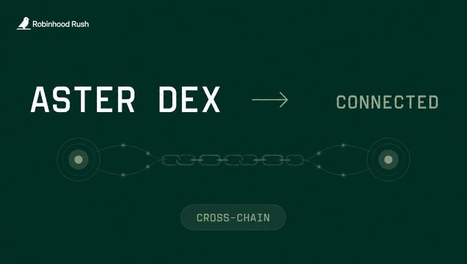 Dark green graphic with 'Robinhood Rush' branding announcing 'ASTER DEX' as 'CONNECTED' with a 'CROSS-CHAIN' label and a chain-link illustration.