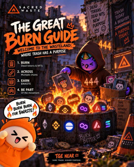 A "Great Burn Guide" promotional image for Sacred Waste, featuring a purple bear in a hoodie standing over a fire pit burning dead tokens and NFTs, with the tagline "BURN BURN BURN FOR $WASTE" and "TGE NEAR".