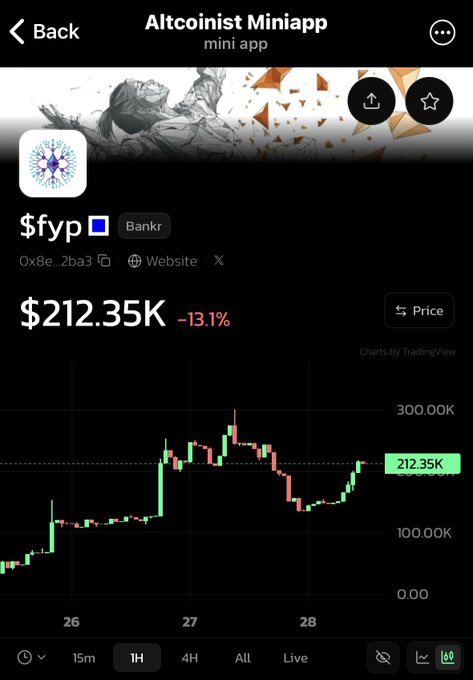 A dark-themed mobile screen from the 'Altcoinist Miniapp' displaying the $fyp token with a contract address of 0x8e...2ba3, showing a current price of $212.35K, down 13.1%, with a candlestick chart from TradingView.