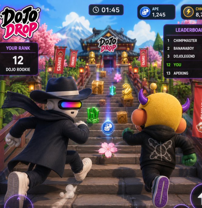 A screenshot of a mobile game called 'DOJO DROP' showing two characters running up stone steps toward a temple, with a leaderboard indicating the player is in 12th place as 'DOJO ROOKIE'.