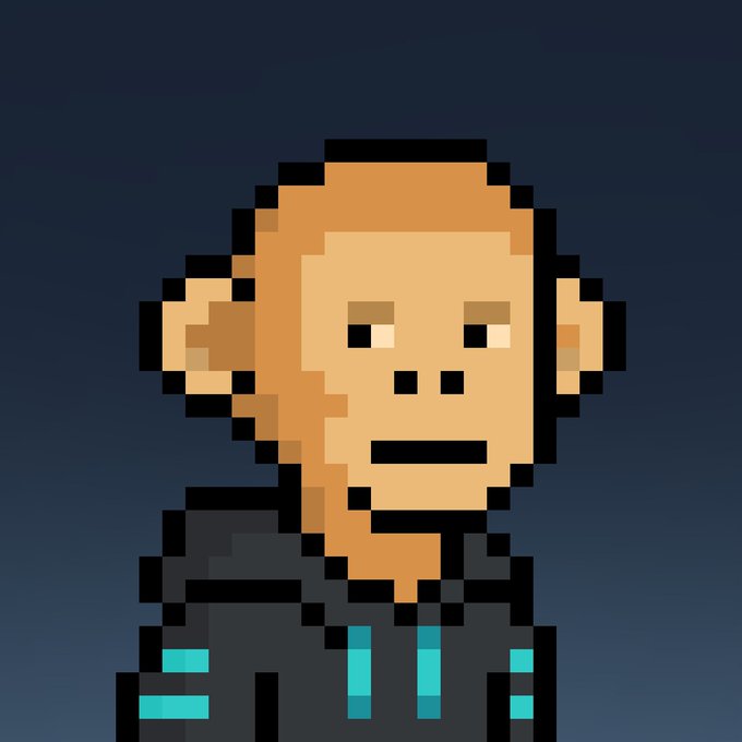 A pixel art portrait of a monkey character with orange fur, wearing a black shirt with cyan accents, set against a dark blue background.