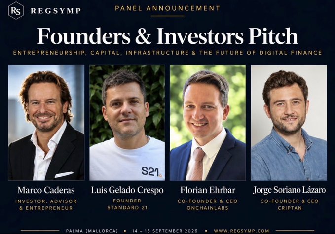 A panel announcement for 'Founders & Investors Pitch' at REGSYMP featuring headshots of Marco Caderas, Luis Gelado Crespo, Florian Ehrbar, and Jorge Soriano Lázaro, scheduled for 14-15 September 2026 in Palma (Mallorca).