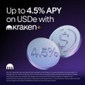An advertisement showing coins marked "4.5%" with the text "Up to 4.5% APY on USDe with Kraken+," promoting the Kraken+ program that allows U.S. users to earn up to 4.5% annual percentage yield on USDe (Ethena's dollar savings token) when held on Kraken.