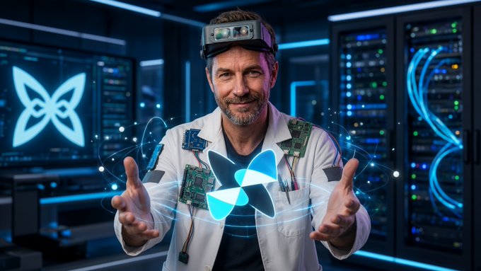 A smiling man wearing a lab coat and a head-mounted display gestures toward a glowing blue butterfly hologram in a high-tech server room environment.