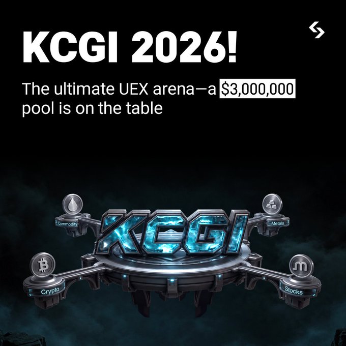 Promotional graphic for 'KCGI 2026!' described as 'The ultimate UEX arena—a $3,000,000 pool is on the table,' featuring a futuristic platform with four asset categories: Commodities, Metals, Crypto, and Stocks.