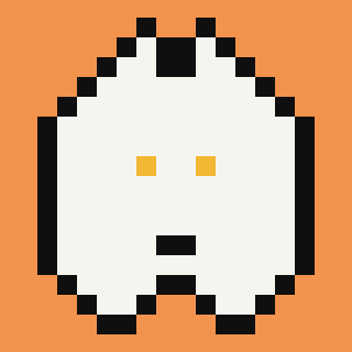 A pixelated white blob character with distinctive gold eyes and a small smile stares out from a vibrant orange background, matching the "Gold eyes" trait highlighted in the post as one of the rarest features of the upcoming RobinCrewz NFT collection.