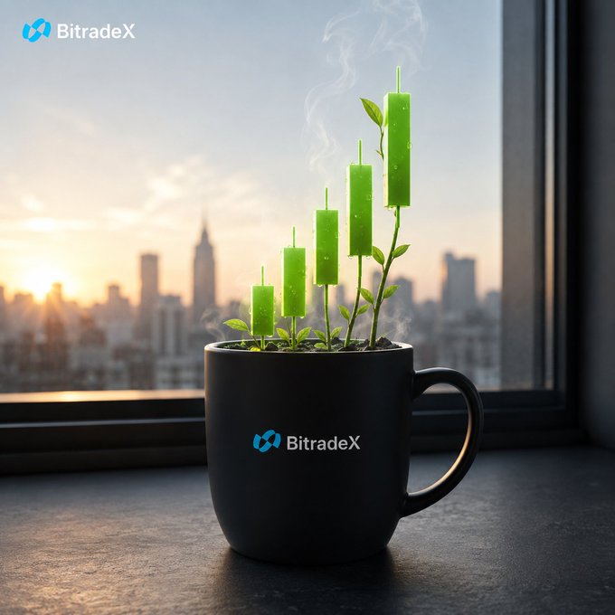 A black coffee mug branded "BitradeX" sits on a windowsill at sunrise with a city skyline behind it, sprouting green plant-like candlesticks that "grow" upward like a bullish chart. The imagery cleverly visualizes a "GM = Green Morning" bullish price rally, inviting viewers to share which crypto they're watching for a green move.