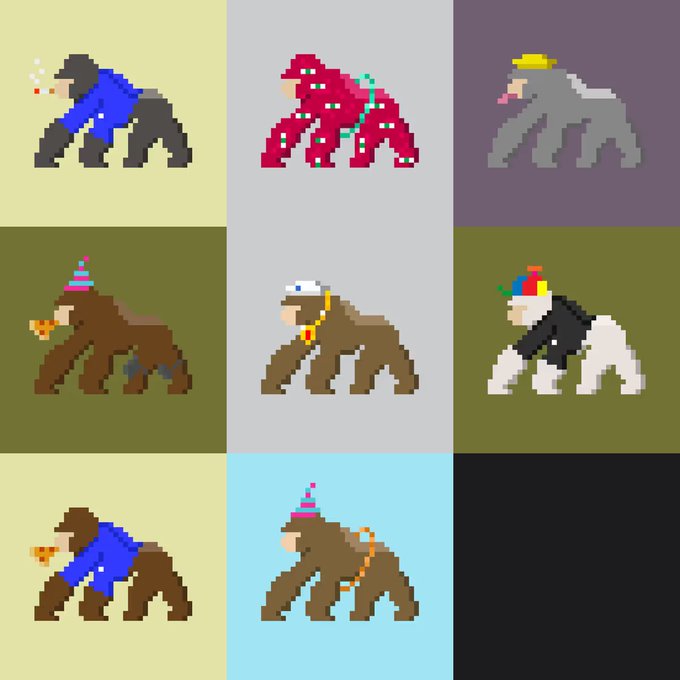 A 3x3 grid of pixel art apes with various colorful traits and accessories, with the post explaining that ApeChurch Deployer swept 8 of these Bored Ape-style NFTs for 380.60 APE at an average price of 47.57 APE each.