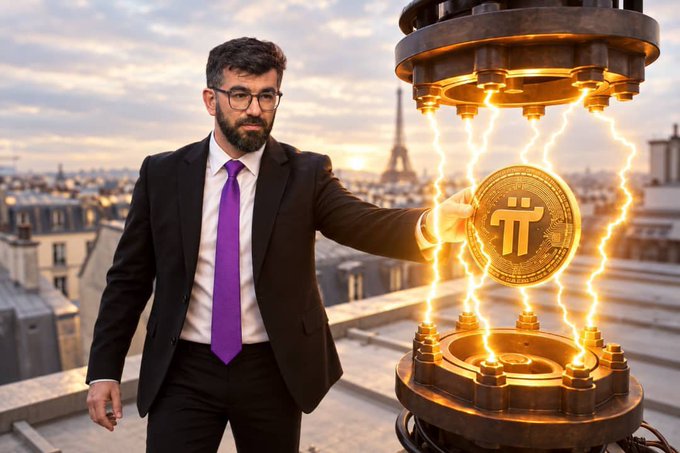 A man in a black suit with a purple tie stands on a Parisian rooftop with the Eiffel Tower in the background, holding a glowing Pi cryptocurrency coin inside an electric-powered machine.