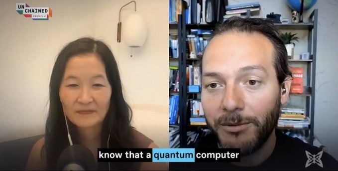 A split-screen video podcast from 'UNCHAINED podcast' showing an Asian woman on the left and a bearded man on the right, with subtitles reading 'know that a quantum computer'.