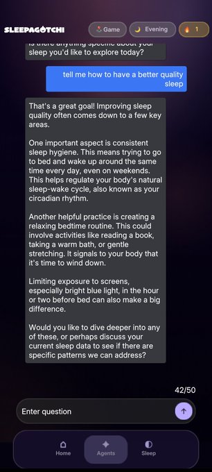 A screenshot of an AI chat interface called 'SLEEPAGOTCHI' where a user asks 'tell me how to have a better quality sleep' and receives advice on sleep hygiene, consistent bedtimes, bedtime routines, and limiting screen exposure.