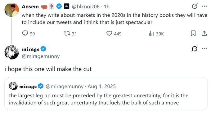 A screenshot of tweets showing @blnknoiz06 commenting 'when they write about markets in the 2020s in the history books they will have to include our tweets and i think that is just spectacular,' followed by @miragemunny replying 'i hope this one will make the cut' with a quote-tweet of a tweet about markets and uncertainty dated Aug 1, 2025.