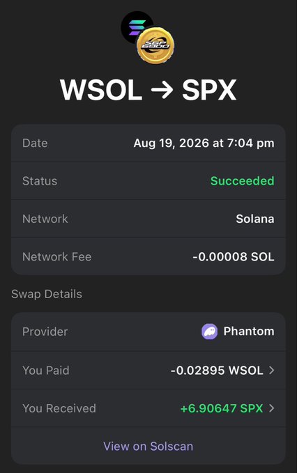 A cryptocurrency transaction screenshot shows a successful swap of WSOL to SPX on the Solana network, conducted via Phantom wallet.